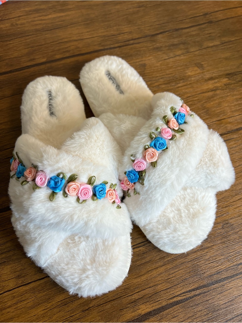 Poppy Rose Faux Fur Cream Slide Slippers with Pink & Blue Rose Trim- 11/12